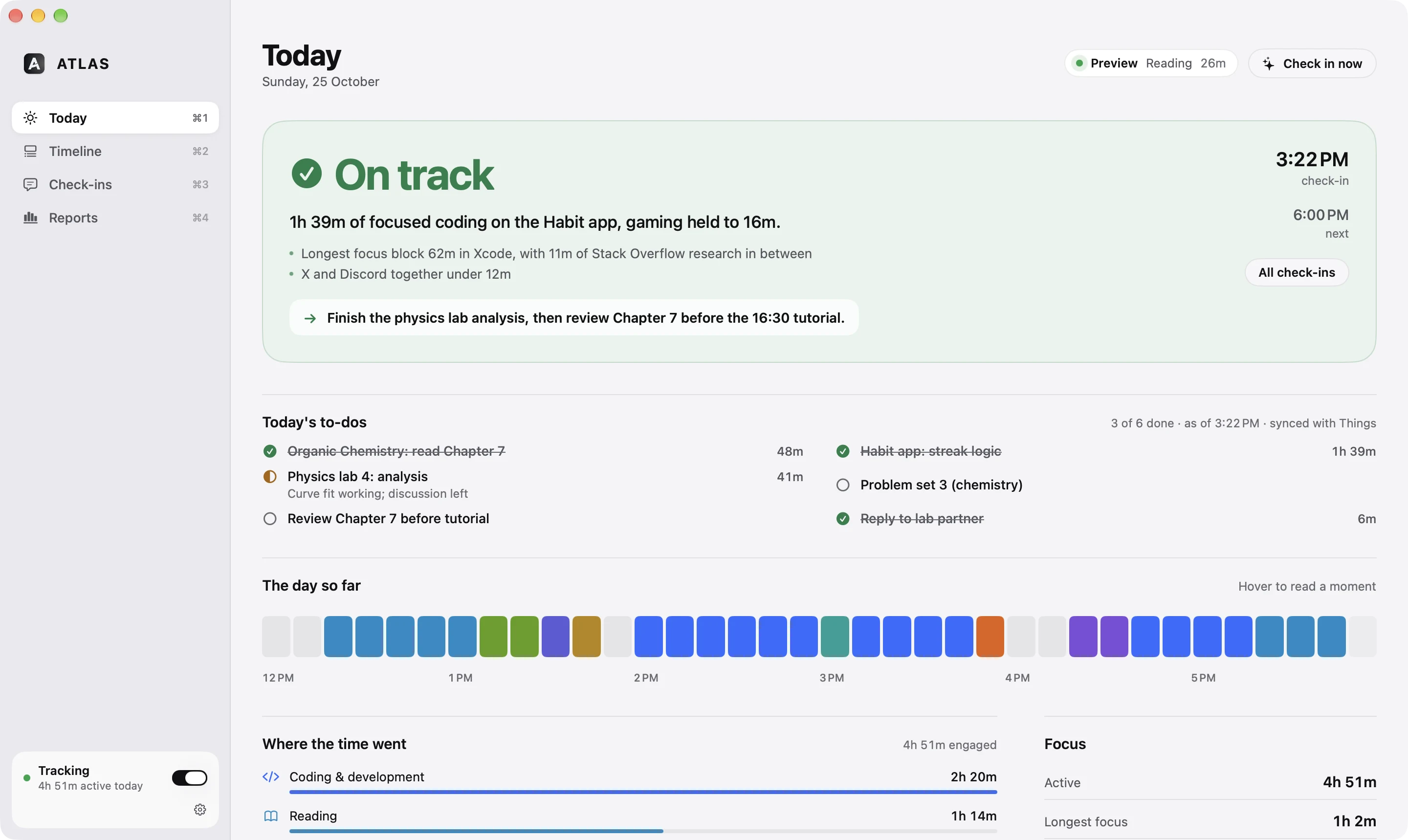 ATLAS Today screen: an On track verdict with the check-in summary and next step, today's to-dos synced with Things, and the day as ten-minute cells